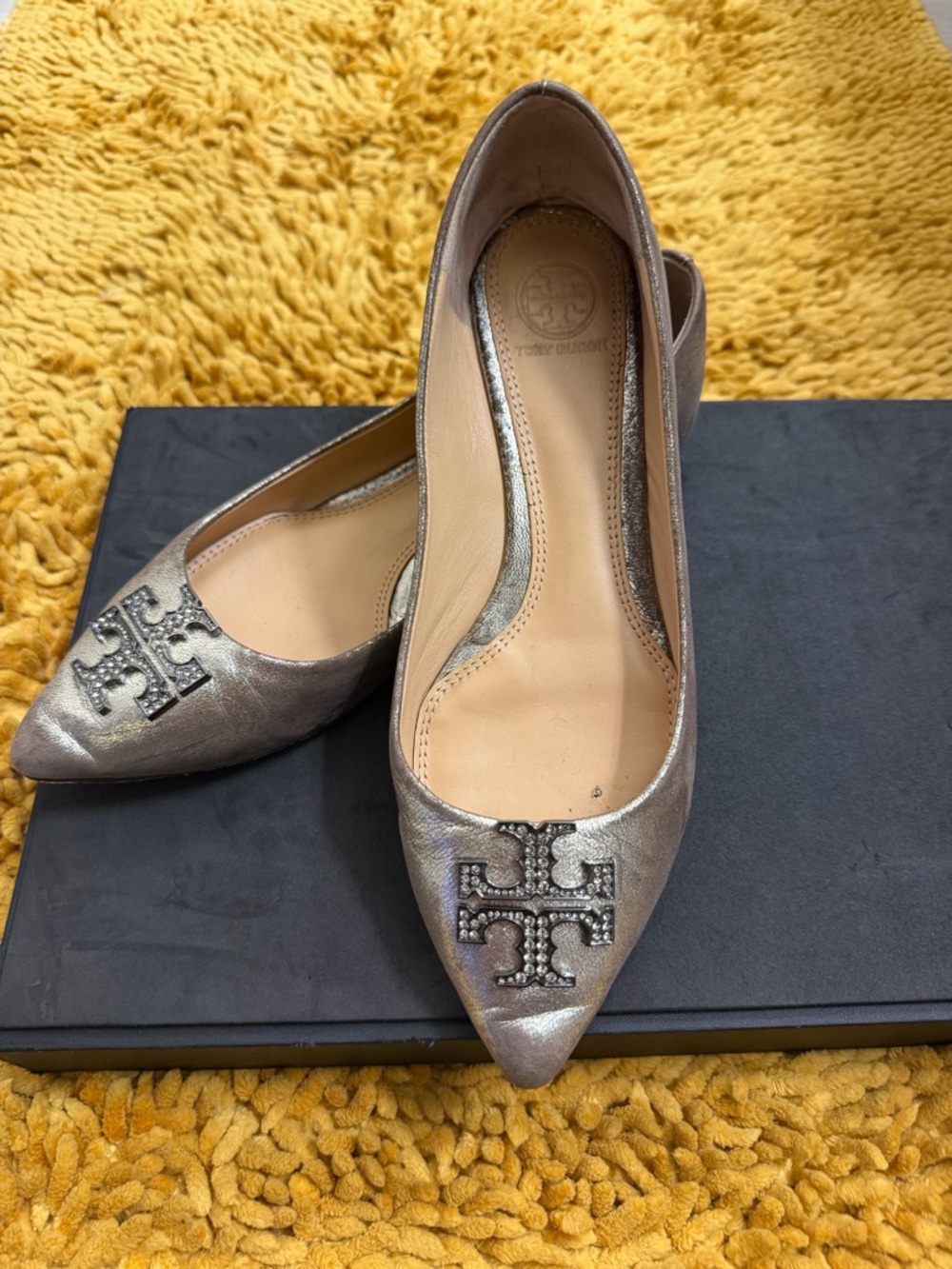 Tory Burch Metallic Pewter Pointed Toe Flats with Crystal T Cross Logo Size 7